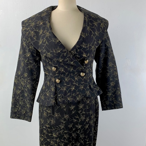 1980s Magali Collection Black Suit Padded Shoulder Peplum Skirt Gold Embroidery - Picture 1 of 13